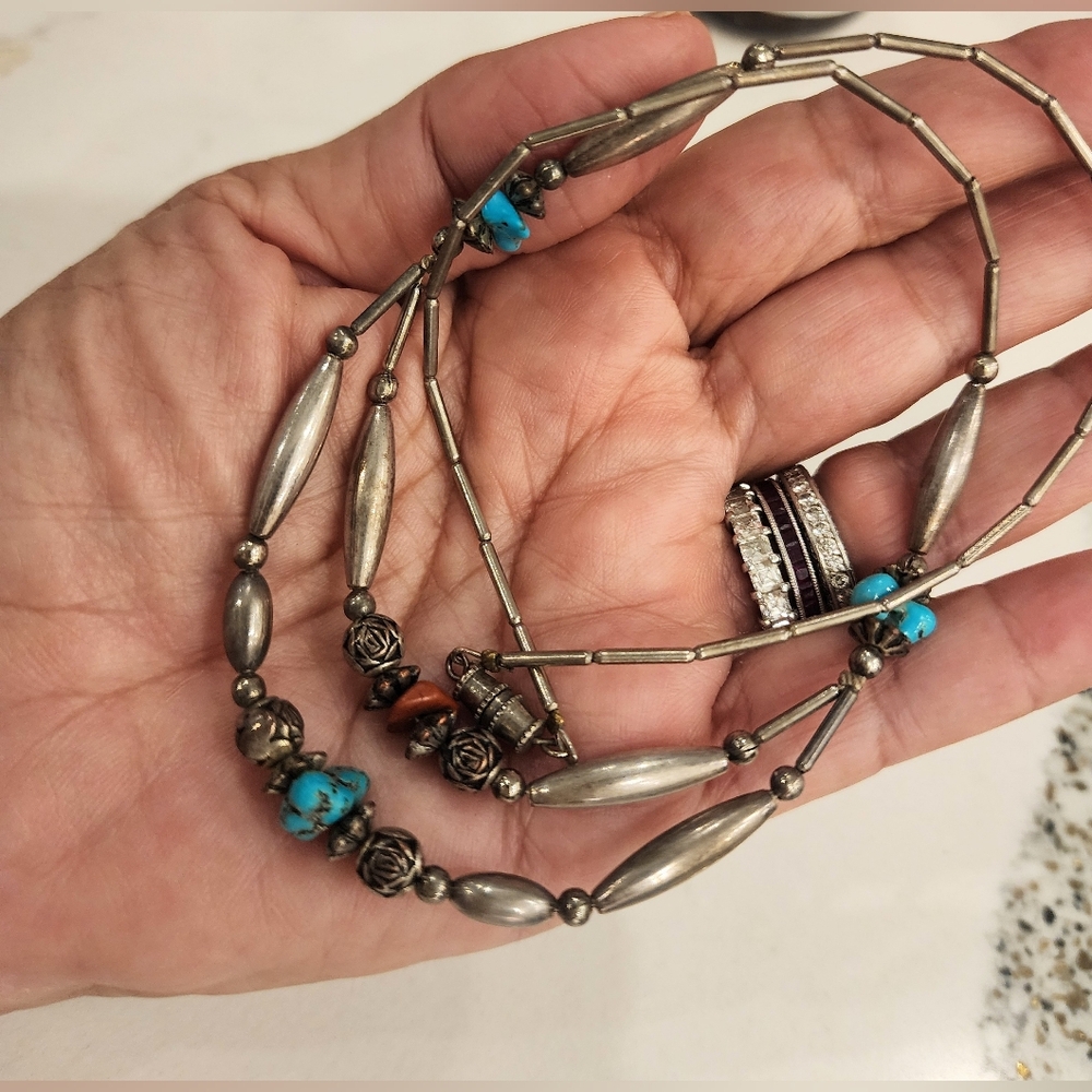 1970s Sterling Silver and Turquoise And Coral Beaded Necklace